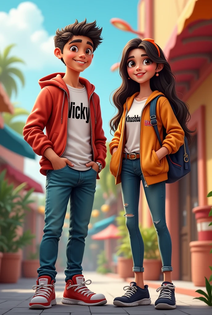Ek image banao jisme ek teen age ladka ladki ho aur dono achchhe kapde pahna ho aur larka ke kapde par Vicky likha ho aur ladki ke kapade par Khushbu likha ho