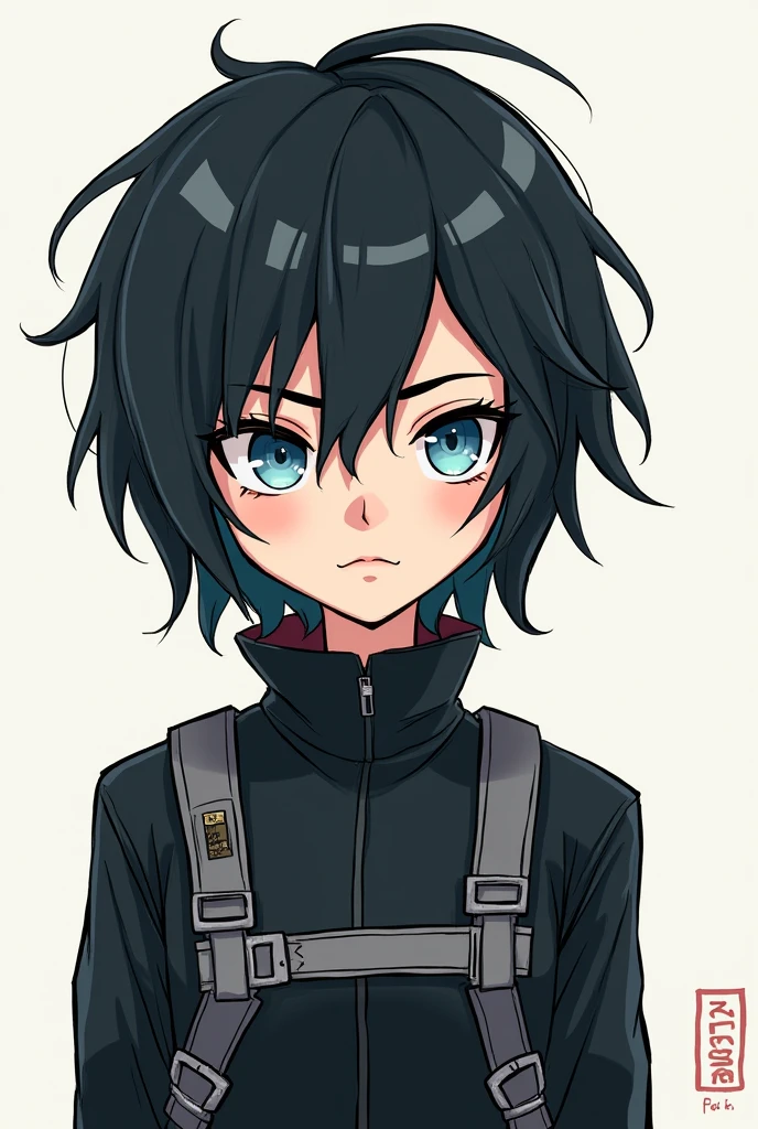 digital art style, drawn by hand, cartoon-like, unrealistic, reference sheet, concept art, fanart, not cute, dystopian, futuristic, gender-neutral, young adult, dark hair, blue eyes, “stellar”, “perfect soldier”