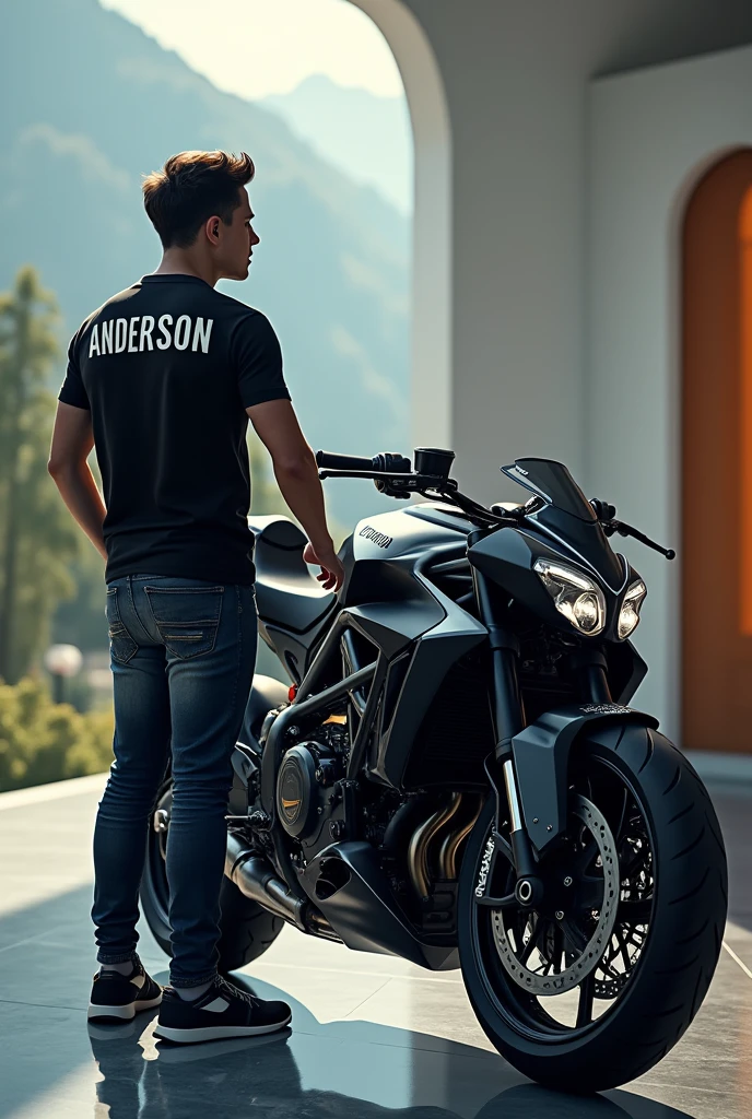 I want you to create an image with an attractive background and a high-end motorcycle appears, I want to see the whole motorcycle with a young man standing looking at the motorcycle, wherever the young man's back is looked at and on his back is written anderson