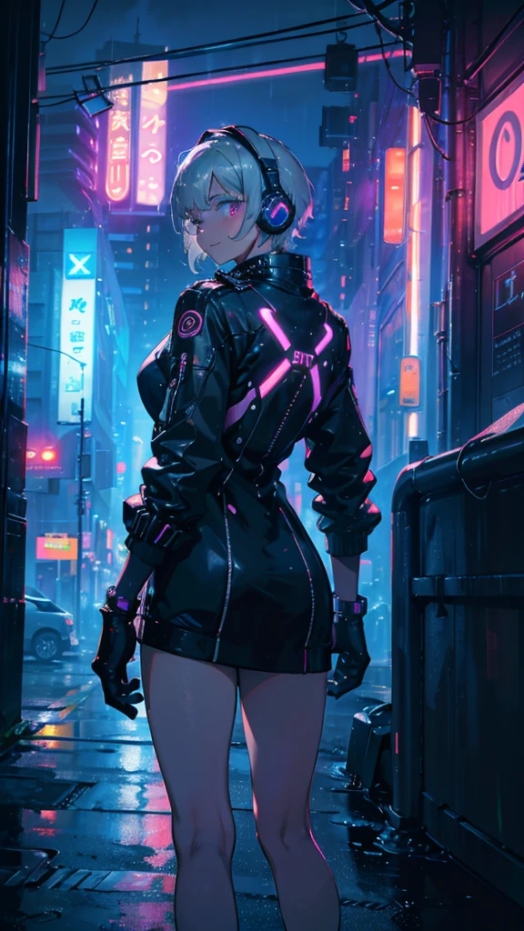 Highest quality,Realistic, Cyber World,sf,cyber punk,Neon Light,Cityscape,Neon Trim,A masterpiece of synthetic textures, Highest quality,ilRouxstration,Highest quality, One person, alone, Roux_already, Have, White thighs, Gray Hair,short hair,headphone,,smile,Wear a mask,heavy rain,Put your arms behind your back