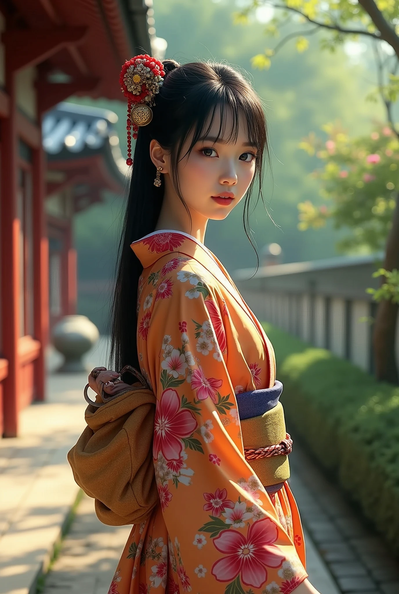 最high quality、high quality、Best image quality、8k、最High resolution、High resolution、最high quality、masterpiece、RAW Photos、whole body写真、A very cute face like an idol、Smiling Kindly、Detailed and realistic human body、Detailed and realistic skin、Realistic face in every detail、Detailed and realistic eyes、Detailed and realistic lips、Detailed and realistic teeth、Detailed and realistic ears、Detailed and realistic hair、Detailed and realistic weapons、Realistic reproduction of every detail、Realistic fingers in every detail、(Beautiful Hands、thumb1reference4)、Realistic feet down to the last detail、((Beautiful Japan))、(Japanese Model)、((18 year old beautiful girl))、(Black Hair)、(Straight hair)、((whole body))、(Slim and perfect figure)、(whole body光沢肌、Fair skin)、Detailed and realistic human body、Detailed and realistic skin、Realistic face in every detail、Detailed and realistic weapons、Realistic fingers in every detail、Detailed realistic feet、Soft natural light、(Maiko、geisha、kimono、Long-sleeved kimono、yukata、Japanese tradition、Samurai residence、Japanese garden、(((Colorful floral pattern(丈が短いkimono)))、(((kimonoめくり(kimonoの裾を上げる)))、(((Beautiful thighs(Sexy panties are in sight)))