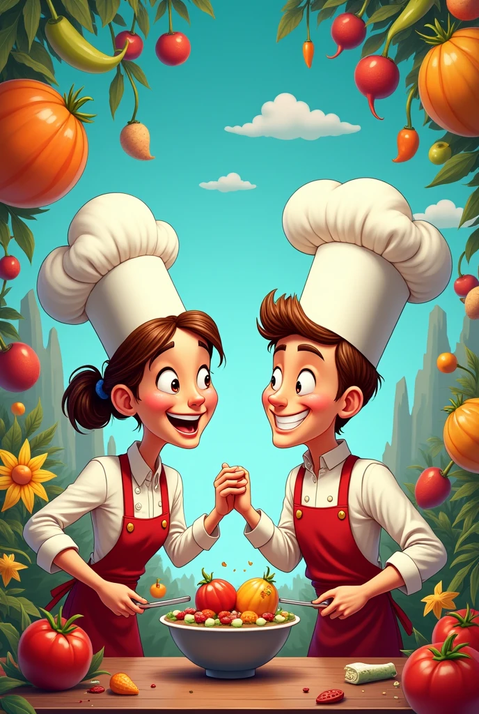 cartoon male and female chefs g food world,boock cover ,