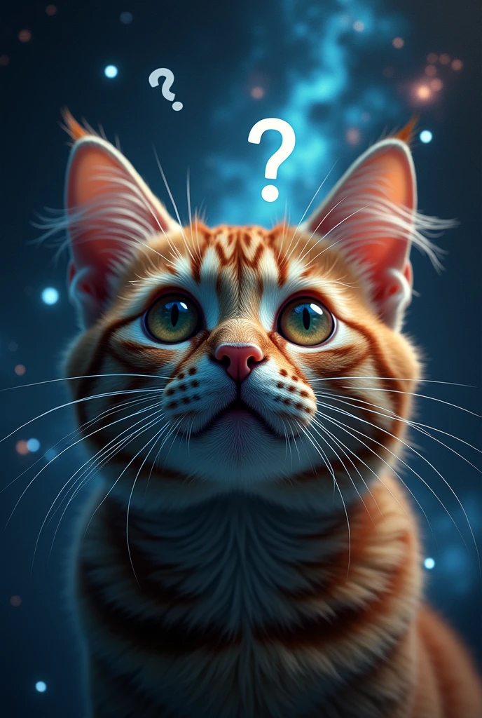 A close-up image of a startled cat, Outer space in the background (Gorgeous, sparkling stars and galaxies), space cat, big "!?" on the screen is written in big letters on the screen,