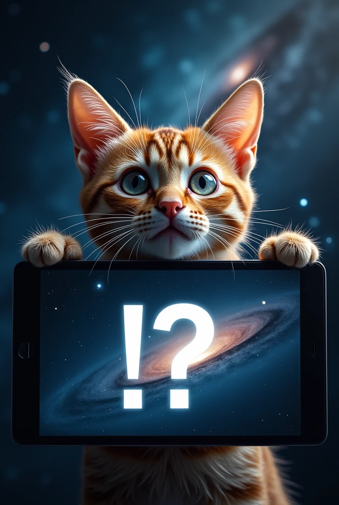 A close-up image of a startled cat, Outer space in the background (Gorgeous, sparkling stars and galaxies), space cat, big "!?" on the screen is written in big letters on the screen,