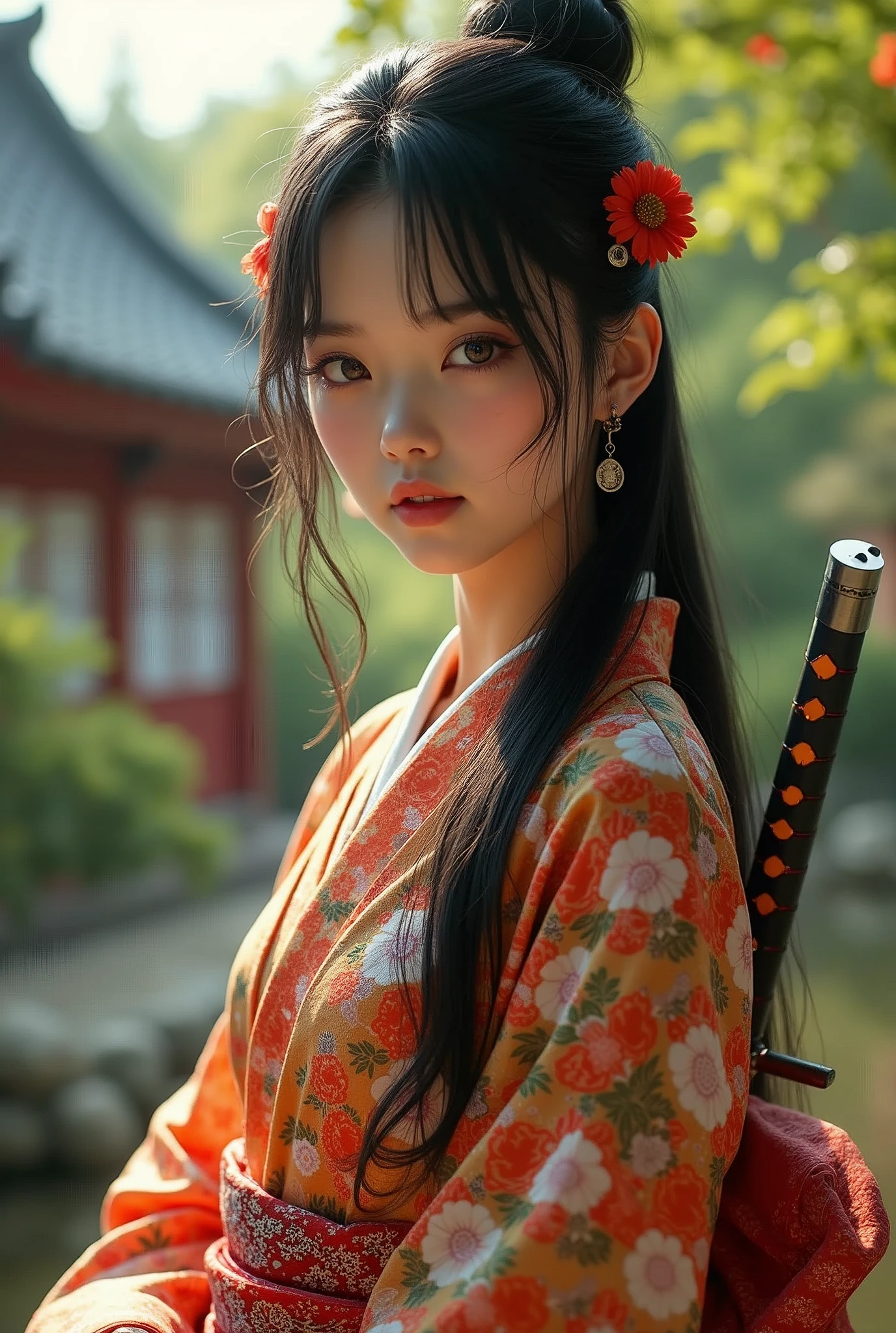 最high quality、high quality、Best image quality、8k、最High resolution、High resolution、最high quality、masterpiece、RAW Photos、whole body写真、A very cute face like an idol、Smiling Kindly、Detailed and realistic human body、Detailed and realistic skin、Realistic face in every detail、Detailed and realistic eyes、Detailed and realistic lips、Detailed and realistic teeth、Detailed and realistic ears、Detailed and realistic hair、Detailed and realistic weapons、Realistic reproduction of every detail、Realistic fingers in every detail、(Beautiful Hands、thumb１reference４)、Realistic feet down to the last detail、((Beautiful Japan))、(Japanese Model)、((18 year old beautiful girl))、(Black Hair)、(Straight hair)、((whole body))、(Slim and perfect figure)、(whole body光沢肌、Fair skin)、Detailed and realistic human body、Detailed and realistic skin、Realistic face in every detail、Detailed and realistic weapons、Realistic fingers in every detail、Detailed realistic feet、Soft natural light、(Maiko、geisha、kimono、Long-sleeved kimono、yukata、Japanese tradition、Samurai residence、Japanese garden、(((Colorful floral pattern(丈が短いkimono)))、(((kimonoめくり(kimonoの裾を上げる)))、(((Beautiful thighs(Sexy panties are in sight)))