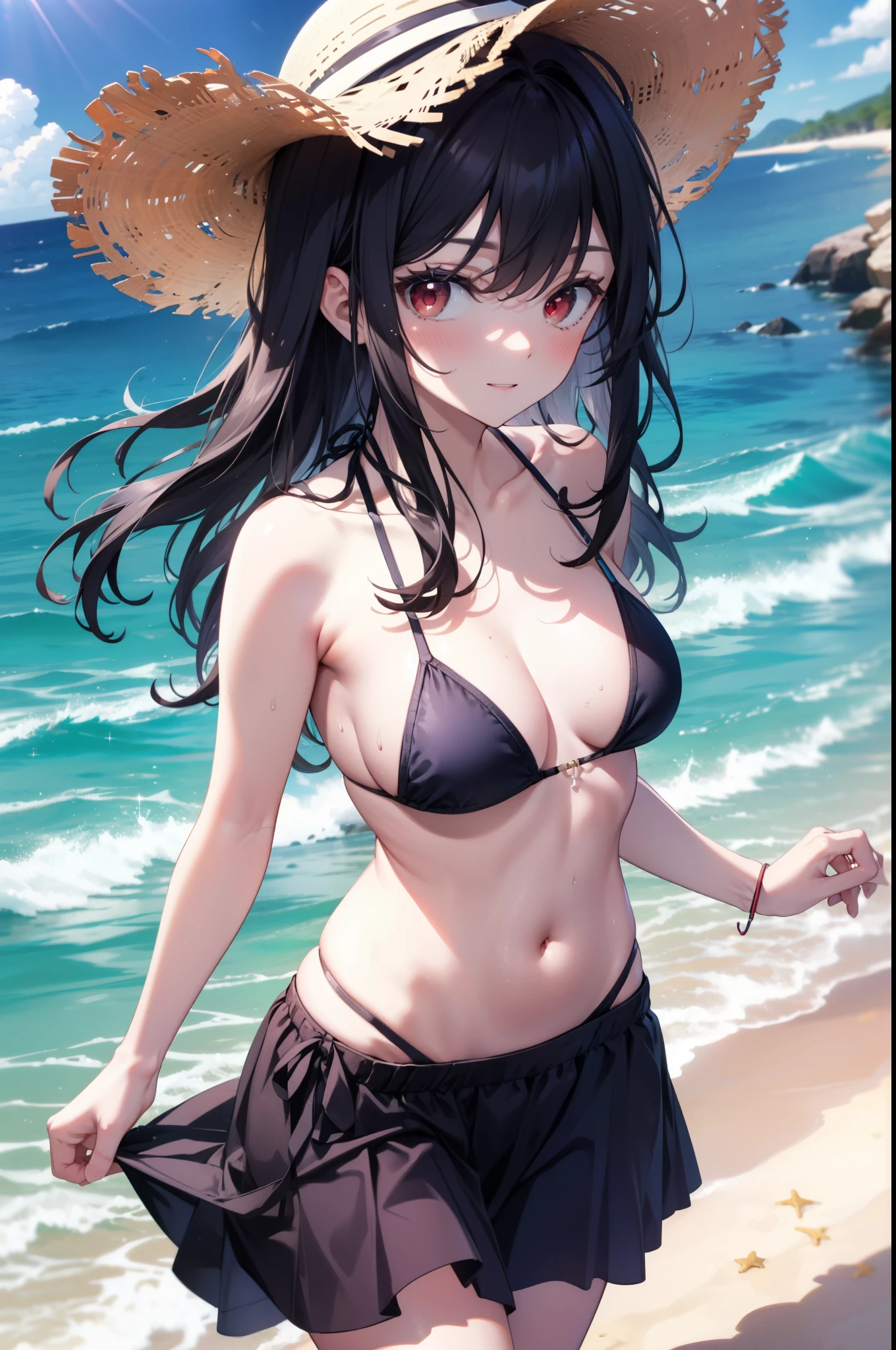 For profit, Next to Kasumigaoka, Black Hair, Long Hair, (Red eyes:1.5),
smile,blush,Open your mouth,Straw hat,Black string bikini swimsuit,Belly button,abdomen,A thin long skirt is wrapped around her waist,barefoot,Sandy Beachを散歩している,Daytime,True Summer,Clear skies,whole bodyがイラストに入るように,
break looking at viewer,whole body, (Cowboy Shot:1. 5),
break outdoors, Sandy Beach,Beach,
break (masterpiece:1.2), Highest quality, High resolution, unity 8k wallpaper, (figure:0.8), (Beautiful attention to detail:1.6), Highly detailed face, Perfect lighting, Highly detailed CG, (Perfect hands, Perfect Anatomy),