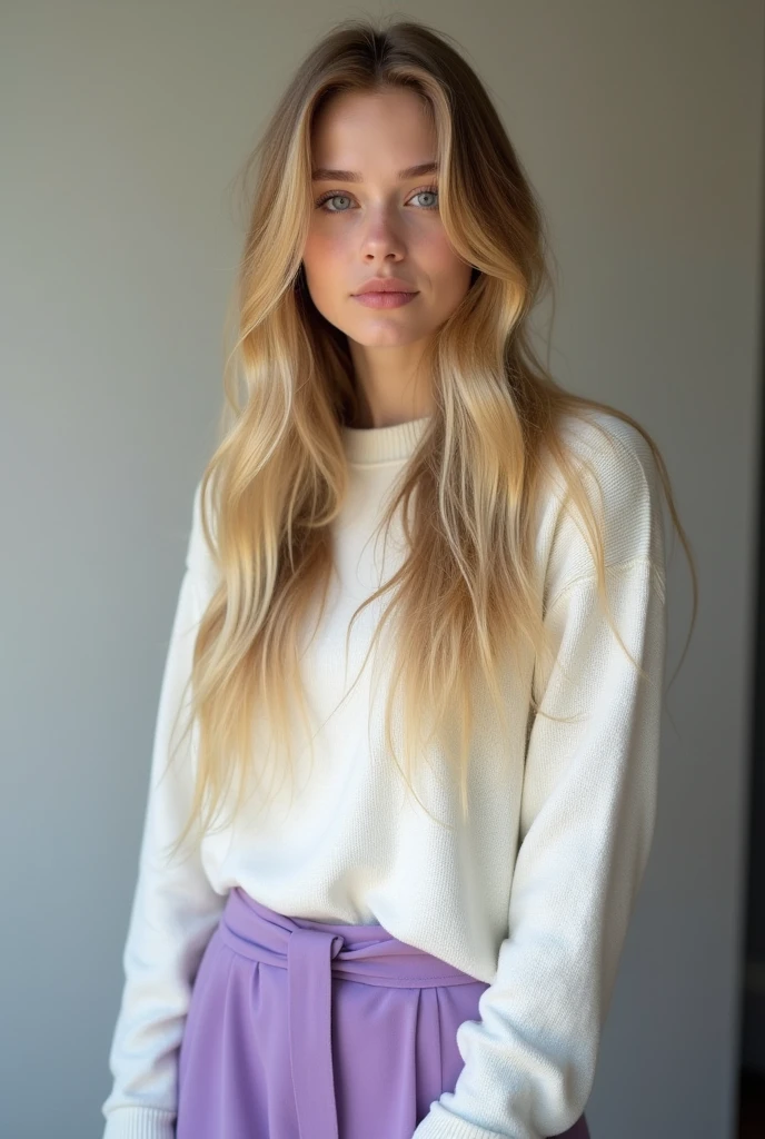 Jeune fille de 25 ans. Elle a de longs cheveux blonds et raides. Elle porte un pull blanc et une jupe violette, un pastel.
8K UHD, High quality , photo brute, photographe professionnel , photo prise avec un Canon EOS 5D.