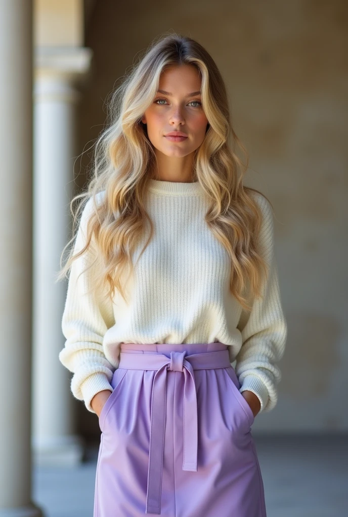 Jeune fille de 25 ans. Elle a de longs cheveux blonds et raides. Elle porte un pull blanc et une jupe violette, un pastel.
8K UHD, High quality , photo brute, photographe professionnel , photo prise avec un Canon EOS 5D.