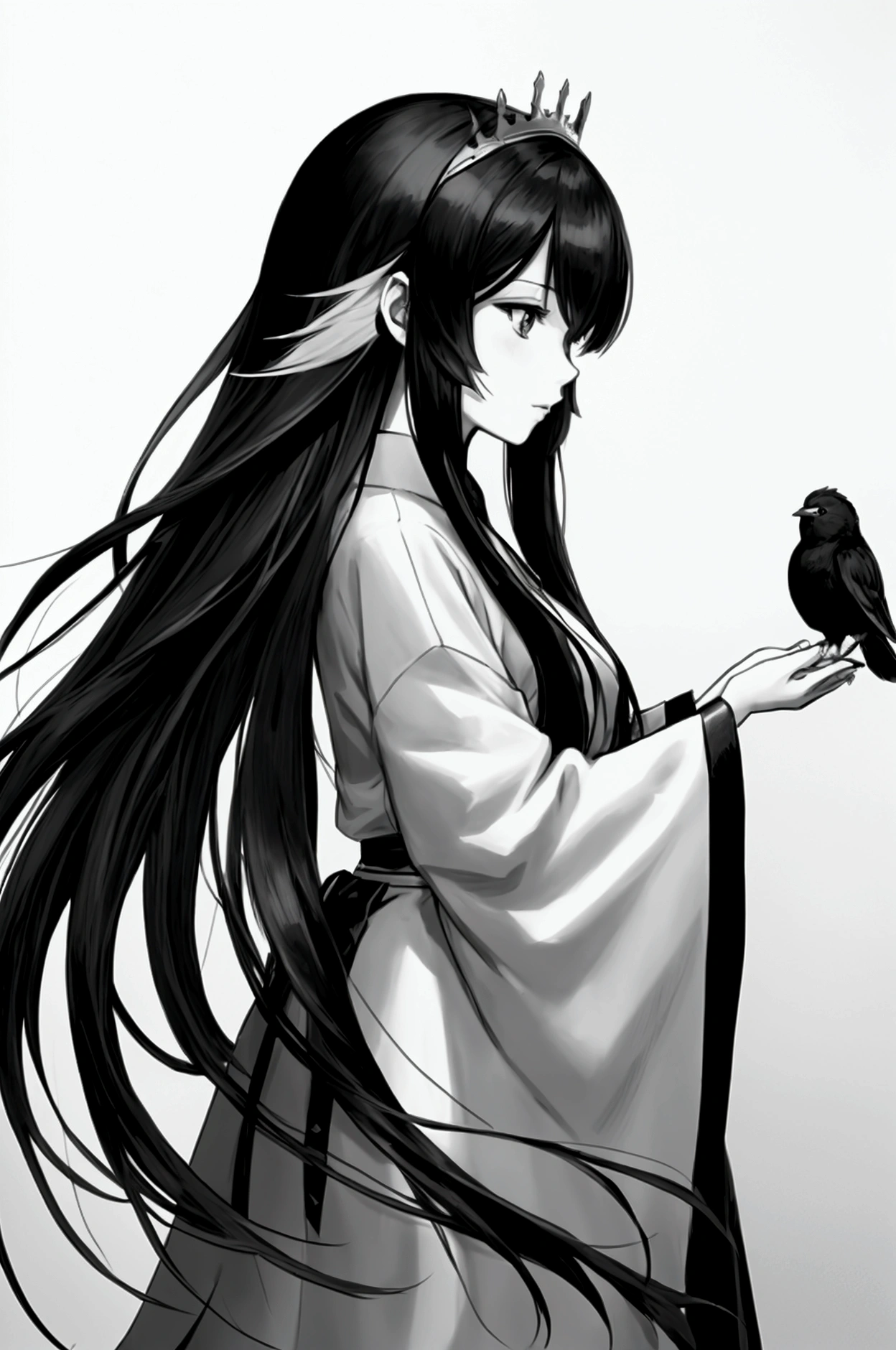 A woman with long hair、A picture with a bird on its head, Anime Shading), Anime Shading, Inspired by Honojin, Thick black line drawing, Semi-realistic anime style, No Shading, Unknown art style, In anime style, Drawn with Microsoft Paint, Beautiful anime outline, Flat anime shading, black and white manga style, Intense black line art　Japanese style　profile　sketch