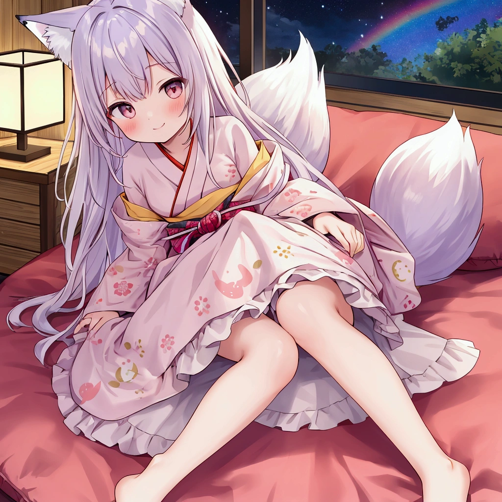 Highest quality, masterpiece, detailed, One person,Single, small,cute,blush,smile,(Sundress),Long Hair, Rainbow Hair,Cat ear,(Fox tail),(White futon), sitting on a futon, Cowgirl, (From below), (Cowboy Shot), Japanese-style room, night, darkness, Perfect Legs,barefoot, nsfw
