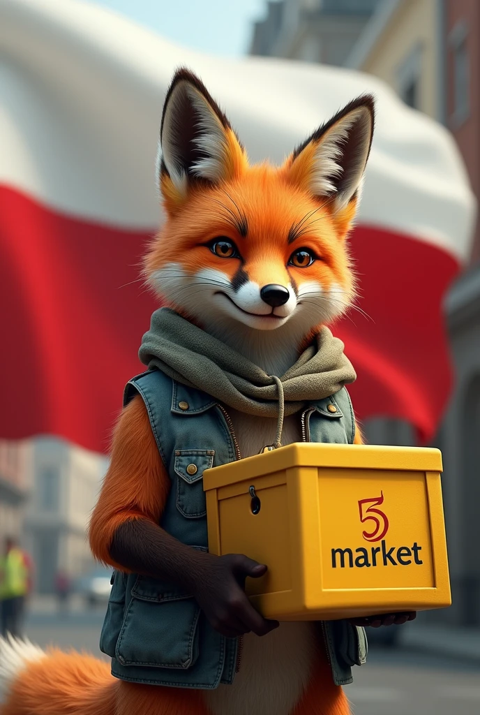 Realistic fox with vest with 5 s written on it carrying a yellow box with free market written on it, with the Polish flag in the background waving in the wind realistically