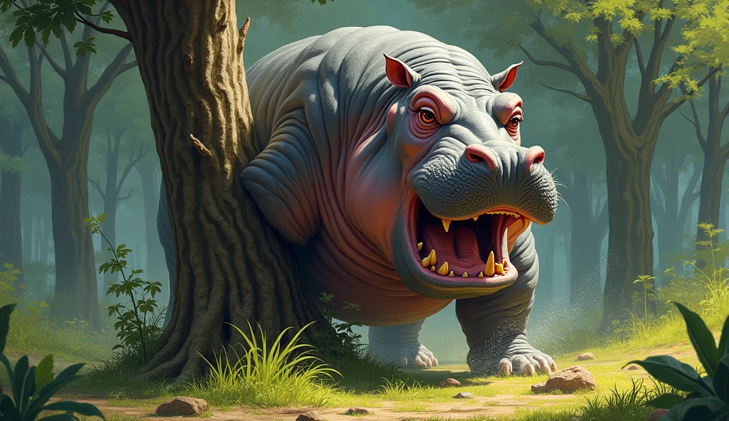 The hippo felt very frustrated because it was impossible for him to climb the tree. In his frustration, he rammed the tree with his body until it crashed to the ground.