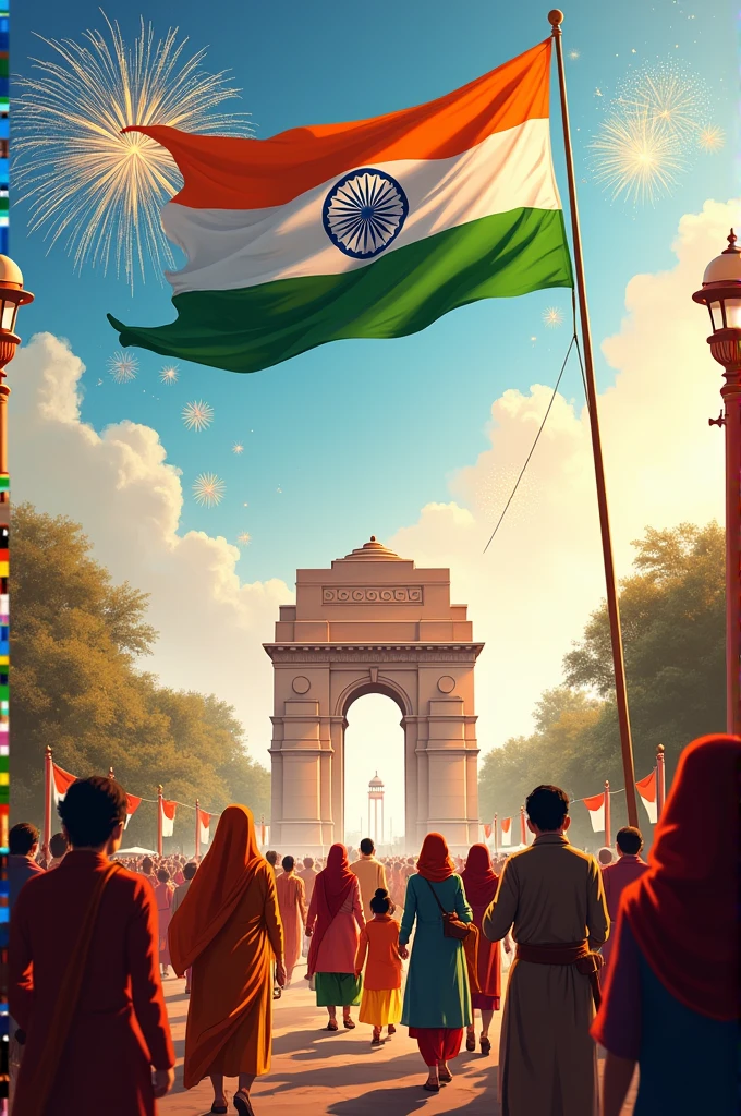 Here's a prompt for generating an AI picture for the 78th Independence Day in India:
"Create a vibrant and celebratory scene for India's 78th Independence Day. Feature the Indian flag prominently with its tricolor waves and Ashoka Chakra. Include a backdrop of iconic landmarks like the Red Fort and India Gate, with people in traditional attire participating in parades or festivities. Incorporate elements like fireworks, patriotic decorations, and the national anthem being sung to capture the spirit of freedom and national pride."