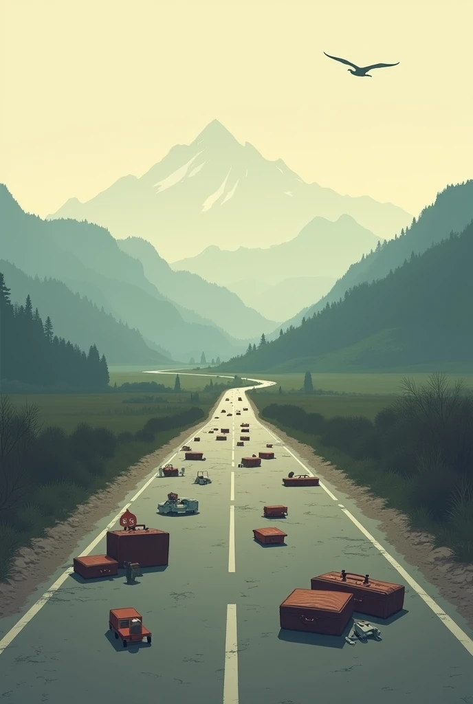 Generate an image of a solemn, symbolic landscape representing the exodus of Kashmiri Pandits from their homeland. The scene should capture a sense of loss and displacement, featuring a long, winding road with scattered personal belongings like broken suitcases and children's toys as subtle metaphors. In the background, portray the outline of the Himalayas to underscore the location. The image should have a large, clear caption at the top saying 'All Eyes on Kashmiri Pandits' in a somber font.