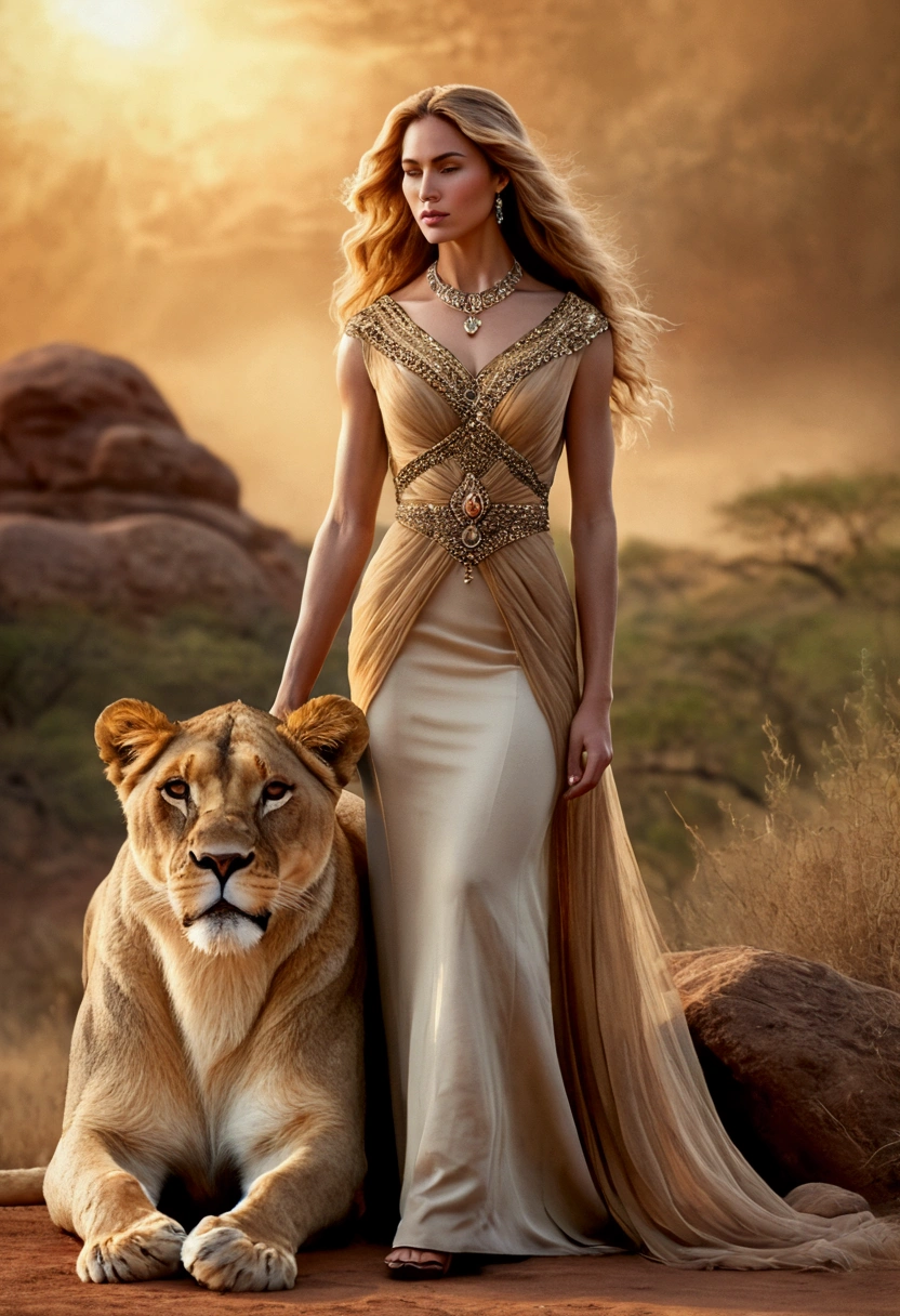 "Create a highly detailed, visually stunning realism and watercolor scene featuring a beautiful woman wearing an elegant yet modest dress in earthy tones and standing next to a majestic lioness. The woman has long, flowing hair, and her dress is adorned with jewels. The lioness beside her has a powerful presence, with an elegant, muscular body and fur that shines with a radiant glow. The setting is an ethereal, magical environment with soft lighting that highlights the bond between the woman and the woman. lioness, creating a feeling of strength and grace. The image must have a high level of detail, with blurring on the edges with 8K resolution, capturing the beauty and power of the woman and the lioness."