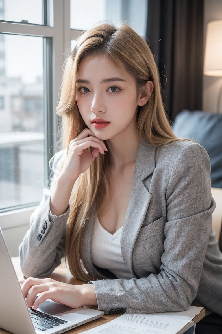 A poised young woman with stylish blonde hair sits at a desk, dressed in a light gray blazer over a dark top. She is focused on the viewer, with a laptop open in front of her and a white cup of coffee resting on the table. The background features soft lighting and blue curtains, creating a professional yet inviting atmosphere.