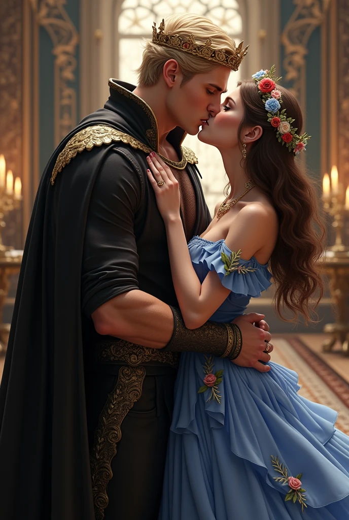 (photorealism:1.2), handsome and young man, high, muscular build, dominant aura, dressed in a black shirt and black pants, with a black cloak with golden clasps, short dark blonde hair, green eyes, gold crown and several gold rings; he is kissing a short woman, long wavy brown hair, Brown eyes, wearing a blue princess-cut dress with flowers, with a flower crown on her head, she doesn't have rings