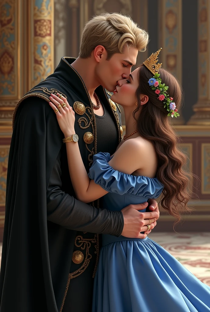 (photorealism:1.2), handsome and young man, high, muscular build, dominant aura, dressed in a black shirt and black pants, with a black cloak with golden clasps, short dark blonde hair, green eyes, gold crown and several gold rings; he is kissing a short woman, long wavy brown hair, Brown eyes, wearing a blue princess-cut dress with flowers, with a flower crown on her head, she doesn't have rings