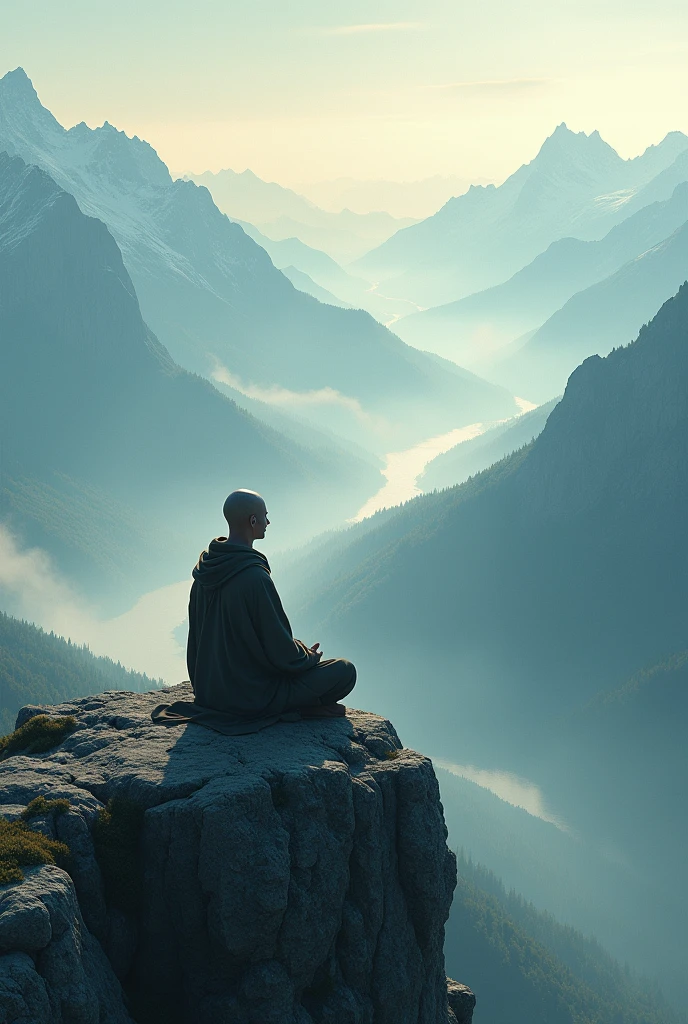 Monk doing meditation in morning above the mountain