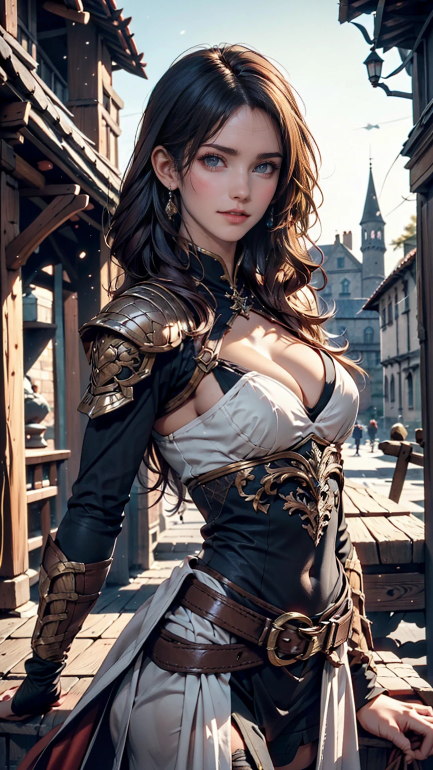 Group of women with colored hair and detailed armor in medieval paladin dress, Are standing, Medieval town with castle in the background、24-year-old woman、Attractive Young Woman, (Beautiful Face:1.1), Detailed eyes, Seductive lips, (eye make up:1.2), (Medium chest:1.0), (Toned body:1.2), Sexy proportions、Narrow waist