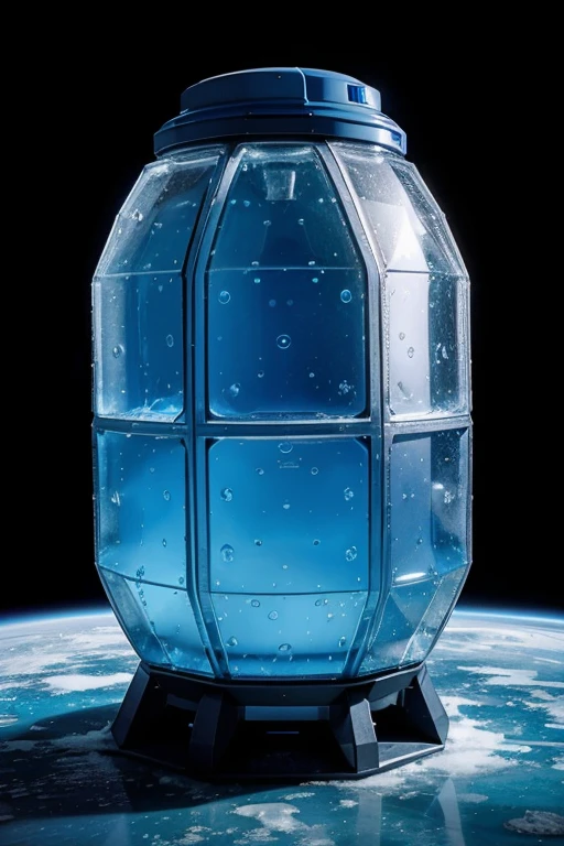 An icy-blue spaceship that is bigger on the inside than the outside in outer space