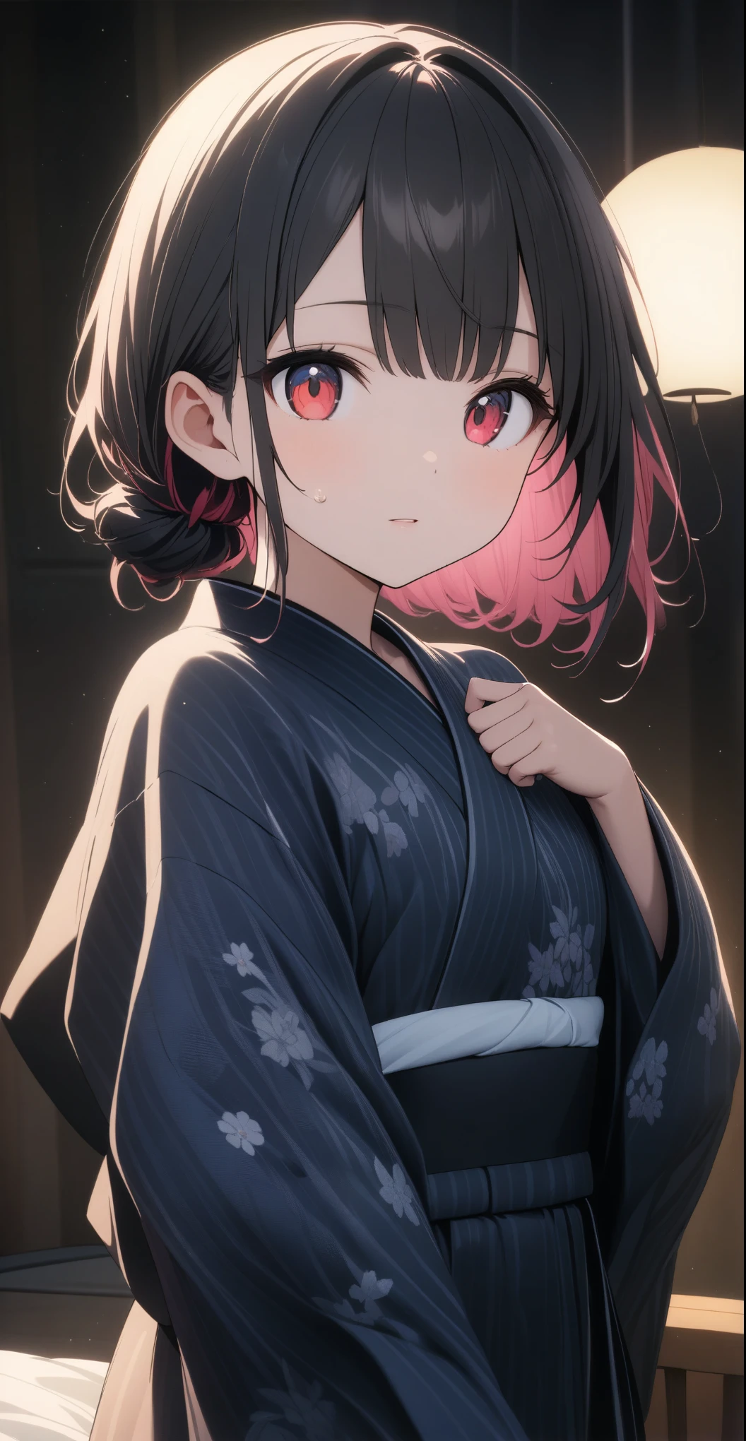 , ((A simple yet elegant yukata is open.。With one kimono、It features understated yet sophisticated patterns and elegant colors.))、((Sexy luxury in red and pink))、(Black hair color、Very dark red pink inner color hairstyle), Beautiful Hair, Facial Contour, Remember, hostel, moonlight、splash, Lens flare,, Natural Color, High resolution, Very delicate, Very detailed, 8k,(Breast swelling、About B cup)、(Shyness),((Sexual))、mattress、(Sexualな画角)