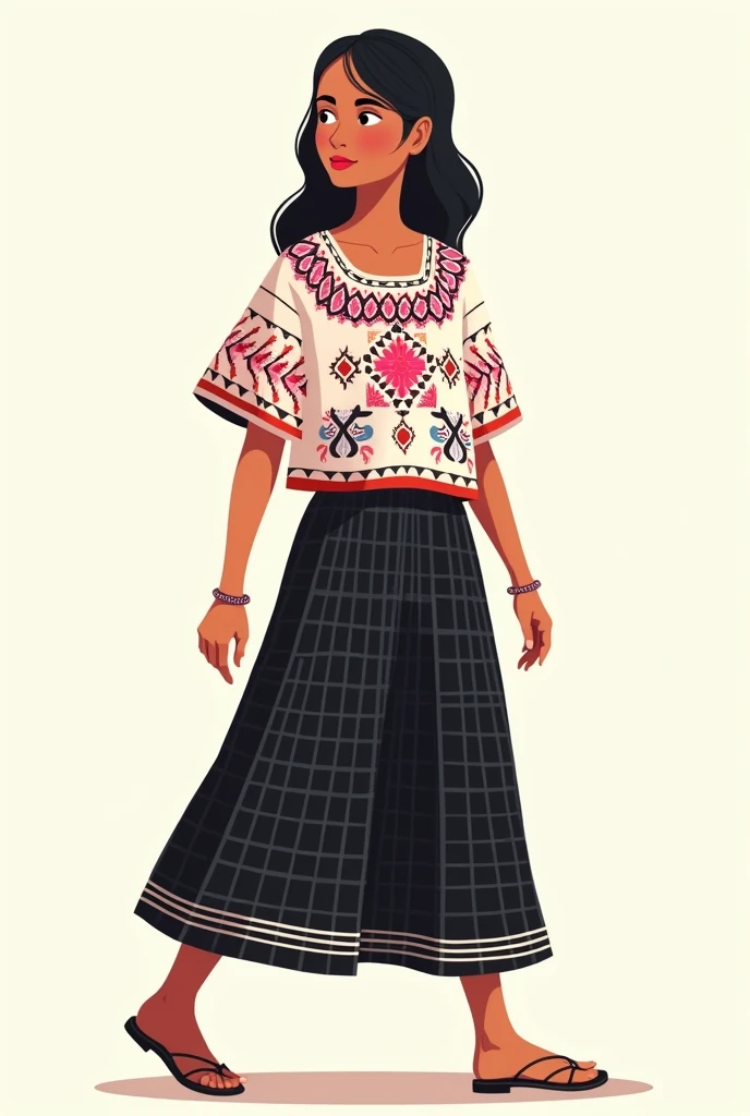 simple popular illustration of a young Guatemalan woman wearing Guatemalan clothing cut,huipil y faja caminando de lado si es la ropa de tecpan guatemala mejor y que reslte que esta usando joyas minimalistas te cuento el corte es una falda que llega bajo la rodilla es de fondthe black con cuadriculares de color blanco Huipil:
body: usually cotton, With a background in colors like white, red, the black.
Embroidery:
design: Embroidery en la parte frontal del huipil, with geometric patterns, animal figures, flowers and traditional Mayan symbols.
colors: Los bordados pueden ser en tonos vivos como rosado red y azul.
Location: Embroidery may be denser in the center and fade towards the edges.
form: Rectangular or slightly flared, with a square or rounded neckline. Sleeves can be short or sleeveless.