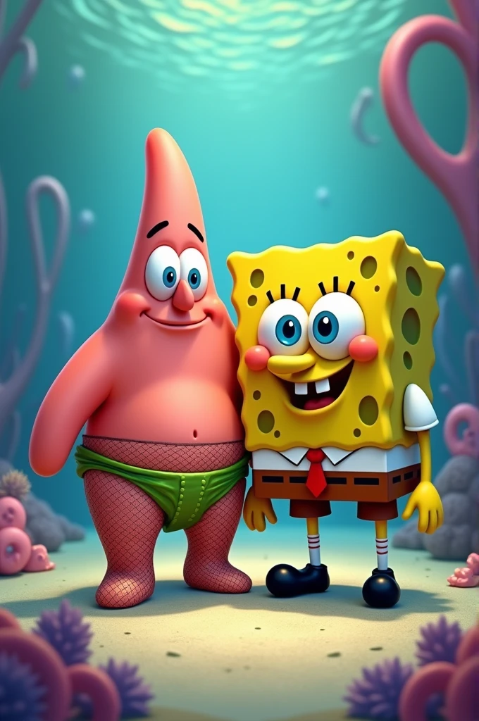Patrick in fishnet stockings and Spongebob next to him