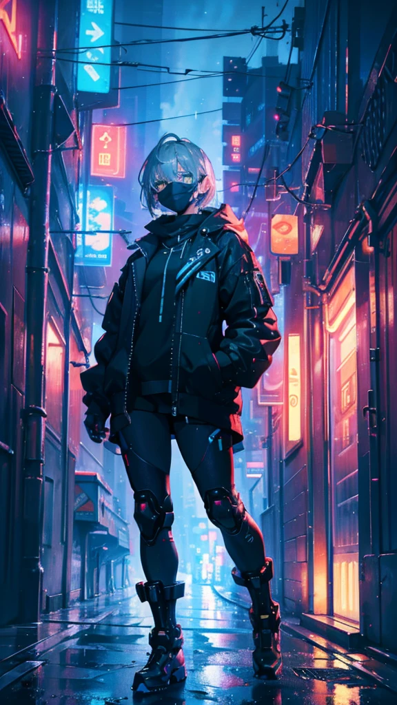Highest quality, Realistic, Cyber World, sf, cyber punk, Neon Light, Cityscape, Neon Trim, A masterpiece of synthetic textures, Highest quality, ilRouxstration, Highest quality, One person, alone, Roux_already, Have, White thighs, Gray Hair, short hair, headphone, smile, Wear a mask, heavy rain, Put your arms behind your back, Surrealism, cinematic lighting, UHD, high details, best quality, highres, 8k