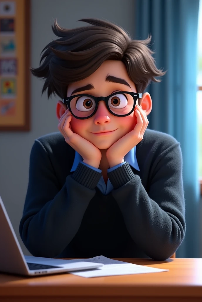 a male animated movie character in the Disney Pixar style, high qualiy, best quality , black fleece sweater blue shirt , Wear nerd glasses, , long hair , Happy young man , He's bored with his hands on his face, sitting at his desk in his room