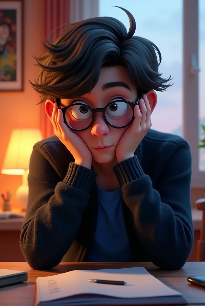 a male animated movie character in the Disney Pixar style, high qualiy, best quality , black fleece sweater blue shirt , Wear nerd glasses,  , long  hair , Happy young man  , He's bored with his hands on his face, sitting at his desk in his room 