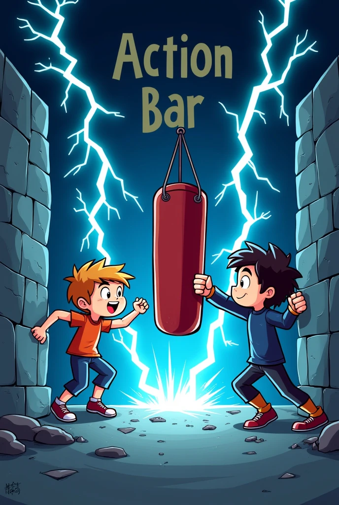 Cartoon of cute Young boy breaking the wall, while cute on right side throwing a powerful punch to a punching bag breaking the right wall with it, they both get electricity falling on them from above the word "Action bar" which also look good while background of whole image is black and electricity color is blue and white