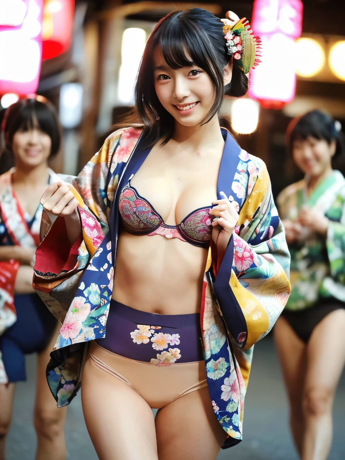 A very cute face like an idol、A 20-year-old woman who looks young、Smiling Kindly、Wearing a yukata、Cleavage、((Thighs are visible))、night、Japan Fireworks Festival、Natural light、(whole body)、(Maiko、geisha、kimono、Long-sleeved kimono、yukata)、(((Colorful floral pattern(丈が短いkimono)))、(((kimonoめくり(kimonoの裾を上げる)))、(((Beautiful thighs(Sexy panties are in sight)))