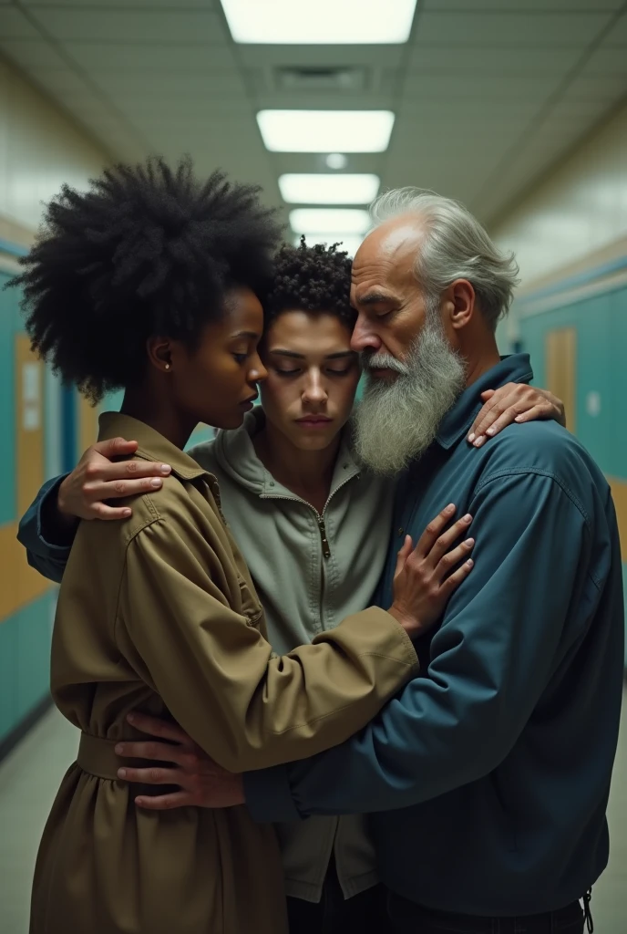 A very black woman, 30years, coily hair, with cold clothes remedy. A white skinned man, 29-years-old, Youngh, with cold clothes, blackquality hair, remedy. A tall elderly man, Scrawny, beard, wearing janitor clothes, remedy. They are very sad and comforting each other. They are in a long American school hallway.