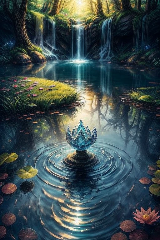 Enchanting water spirit, mysterious pond, realistic, intricately crafted tiara, rippling water, glittering sunlight, dramatic angle, extreme angle shot, soft focus, epic fantasy