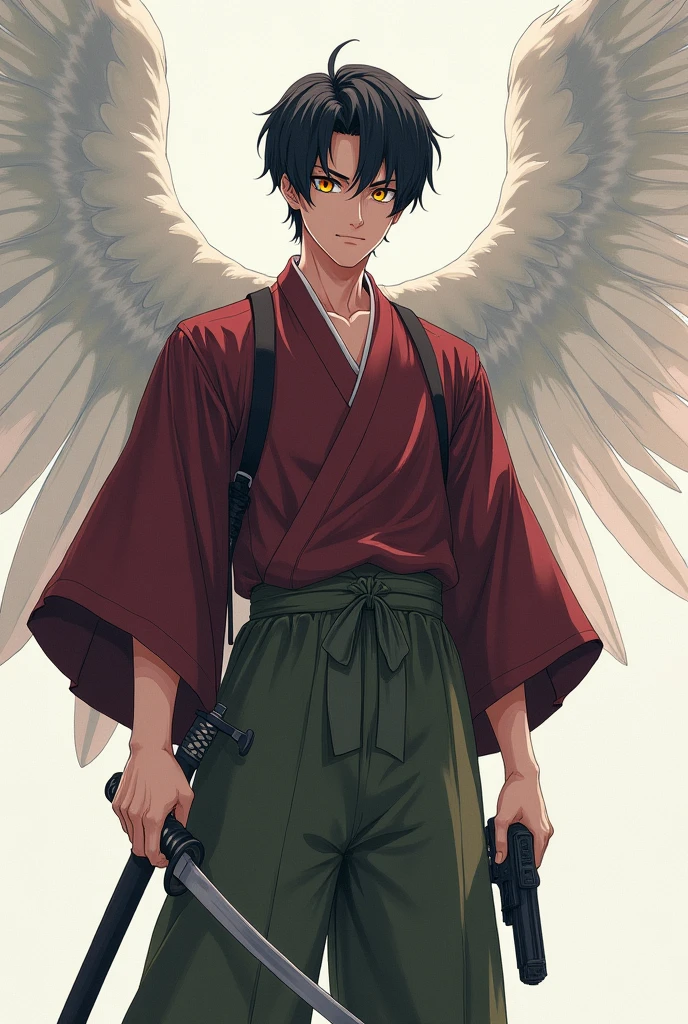 Anime Japanese man wearing a kimono with yellow eyes, black hair, translucent white wings behind him, a maroon colored shirt, olive green hakama pants, short center-parted hair. He is holding a sword on his left hip and a gun in his right hand.