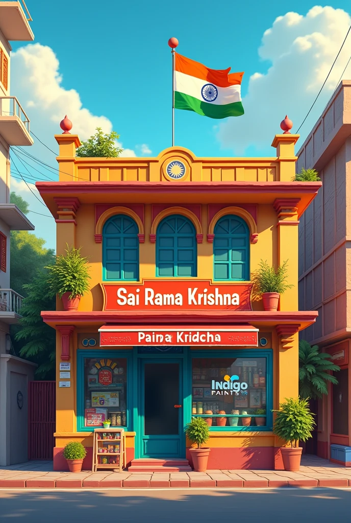 Create Paint shop building put Indian flag on the building
paint shop name Sai Rama Krishna
Paint brand Indigo Paints