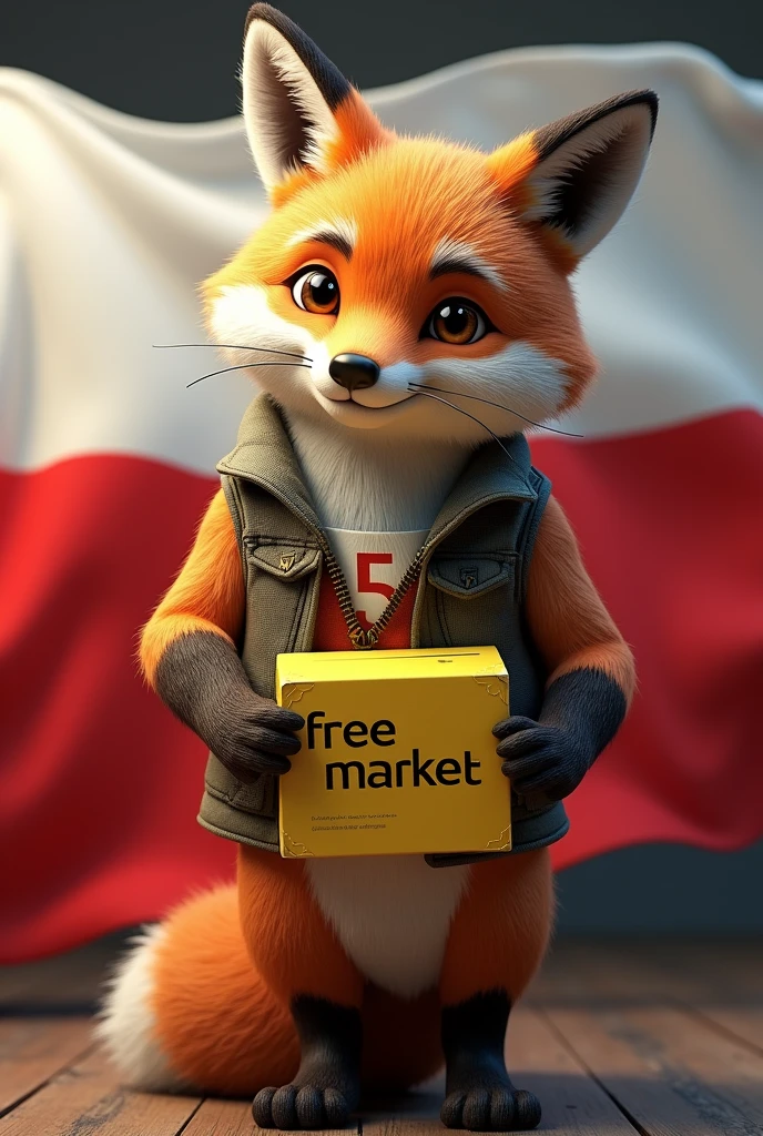 Realistic fox with vest with 5 s written on it carrying a yellow box with free market written on it, with the Polish flag in the background waving in the wind realistically 