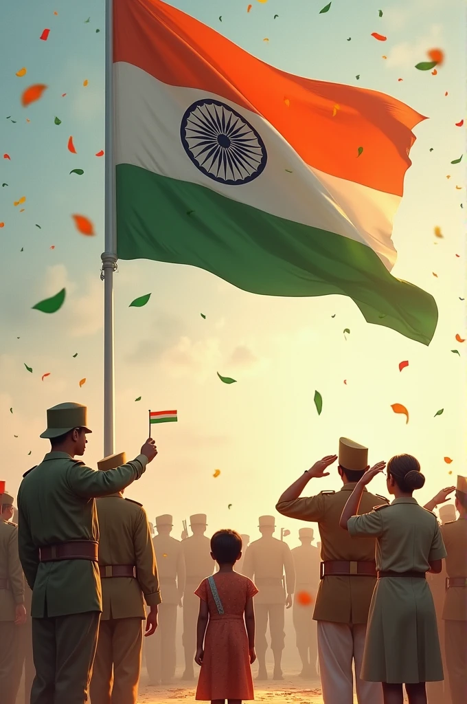 bhagat singh ,lal bahadur shastri , chandra shekhar azad , lakshmi bai standing adjacent to indian flag ,  saluting the large indian flag.  the indian army is also saluting .
flowers are raining from sky .
and a child with small indian flag in his one hand is saluting all of them