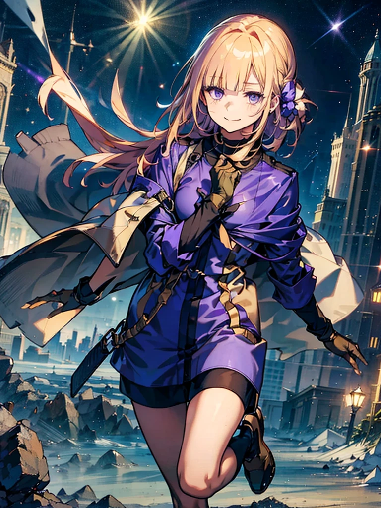 Empty City, A town above the clouds, Sky City,Purple Eyes,with golden hair, wearing a duffle coat, Falling from the sky