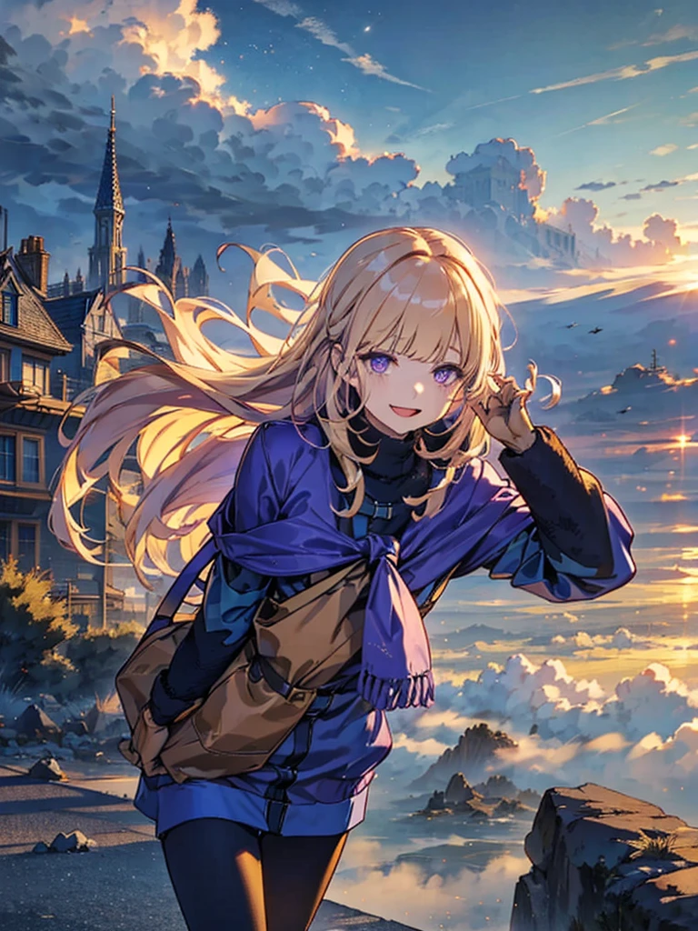 Empty City, A town above the clouds, Sky City,Purple Eyes,with golden hair, wearing a duffle coat, Falling from the sky