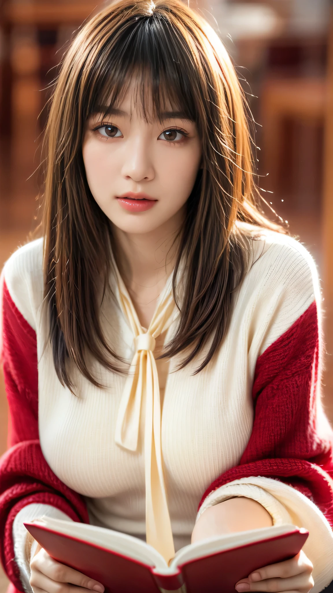 ((chin rest, close up, cream sweater, white shirt, red tie, reading a book)), bright theme, best quality, 8K, HDR, highres, absurdres:1.2, bokeh:1.2, Photography, (RAW photo:1.2), (photorealistic:1.4), (masterpiece:1.3), (intricate details:1.2), 1girl, solo, chinese girl, delicate, beautiful detailed, (detailed eyes), (detailed facial features), , (((large breasts))), (((parted bangs, medium hair))), skin tight, ((looking_at_viewer)), from_front, (skinny), (best quality:1.4), (ultra highres:1.2), cinema light, (extreme detailed illustration), (lipgloss, best quality, ultra highres, depth of field, caustics, Broad lighting, natural shading, 85mm, f/1.4, ISO 200, 1/160s:0.75),,BREAK ,(pubic hair),pussy/vagina,(nsfw),detailed skin,(perfect_hands)