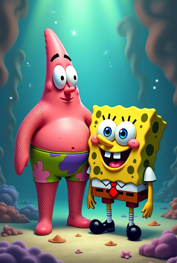 Patrick Star with fishnet stockings and SpongeBob beside him