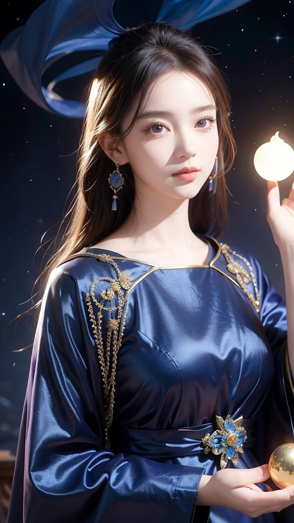 ((facing front:1.5)),Female fortune teller. Attractive, beautiful and mysterious. She wears a blue cloak and has distinct features. The atmosphere is bright and sparkling, full of anxiety and anticipation. A fortune teller is standing there. The body is facing forward. he is looking at you He holds a crystal ball in his right hand. The lighting in the room is bright, creating a magical atmosphere. Best picture quality, 4k or 8k resolution. The level of detail is very detailed and realistic, close to photorealism. Artistic style should reflect an official aesthetic with bright colors and strong contrasts. The color palette should emphasize the mystical and mystical theme of the work. The fortune teller's cloak is decorated with metal edging with a thickness ratio of 1.5 and intricate designs. The overall atmosphere is magical, like a starry sky. The expression on the fortune teller's face should arouse mystical interest.