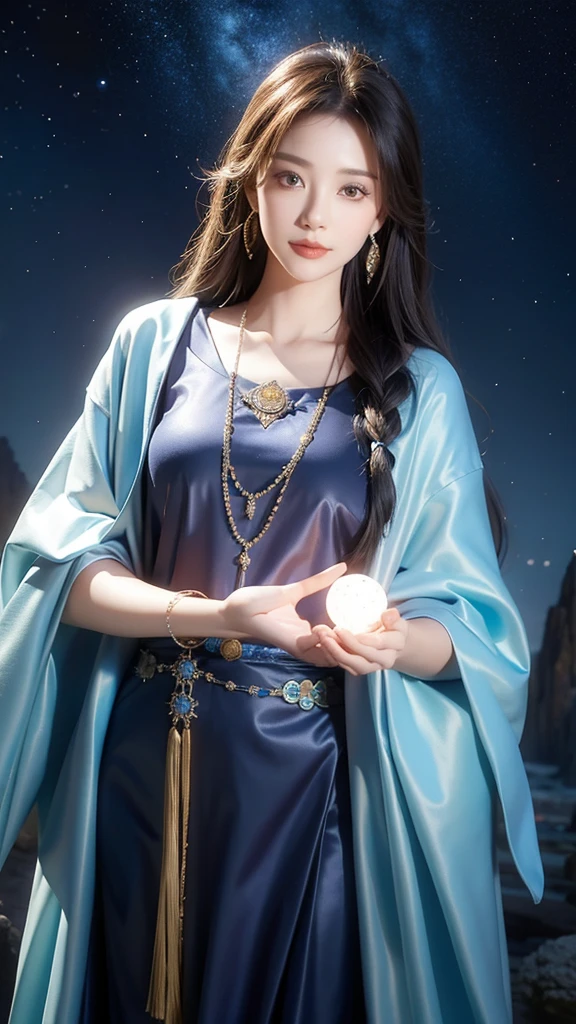 ((facing front:1.5)),Female fortune teller. Attractive, beautiful and mysterious. She wears a blue cloak and has distinct features. The atmosphere is bright and sparkling, full of anxiety and anticipation. A fortune teller is standing there. The body is facing forward. he is looking at you He holds a crystal ball in his right hand. The lighting in the room is bright, creating a magical atmosphere. Best picture quality, 4k or 8k resolution. The level of detail is very detailed and realistic, close to photorealism. Artistic style should reflect an official aesthetic with bright colors and strong contrasts. The color palette should emphasize the mystical and mystical theme of the work. The fortune teller's cloak is decorated with metal edging with a thickness ratio of 1.5 and intricate designs. The overall atmosphere is magical, like a starry sky. The expression on the fortune teller's face should arouse mystical interest.