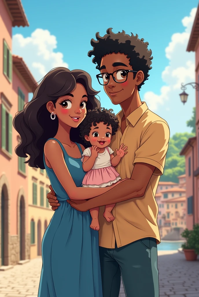 I want you to draw a family .. The dark-skinned, brown-haired Indian mother wearing glasses in a blue dress stands alone. The father has curly black hair, white skin, and is holding the girl in the middle of the two. The babyl looks like her father with her curly hair and a smile. In the background is Italy. Try to draw this in anime style. THE FATHER DOES NOT WEAR GLASSES, DO NOT PUT GLASSES ON HIM. ONLY PUT GLASSES ON THE MOTHER.