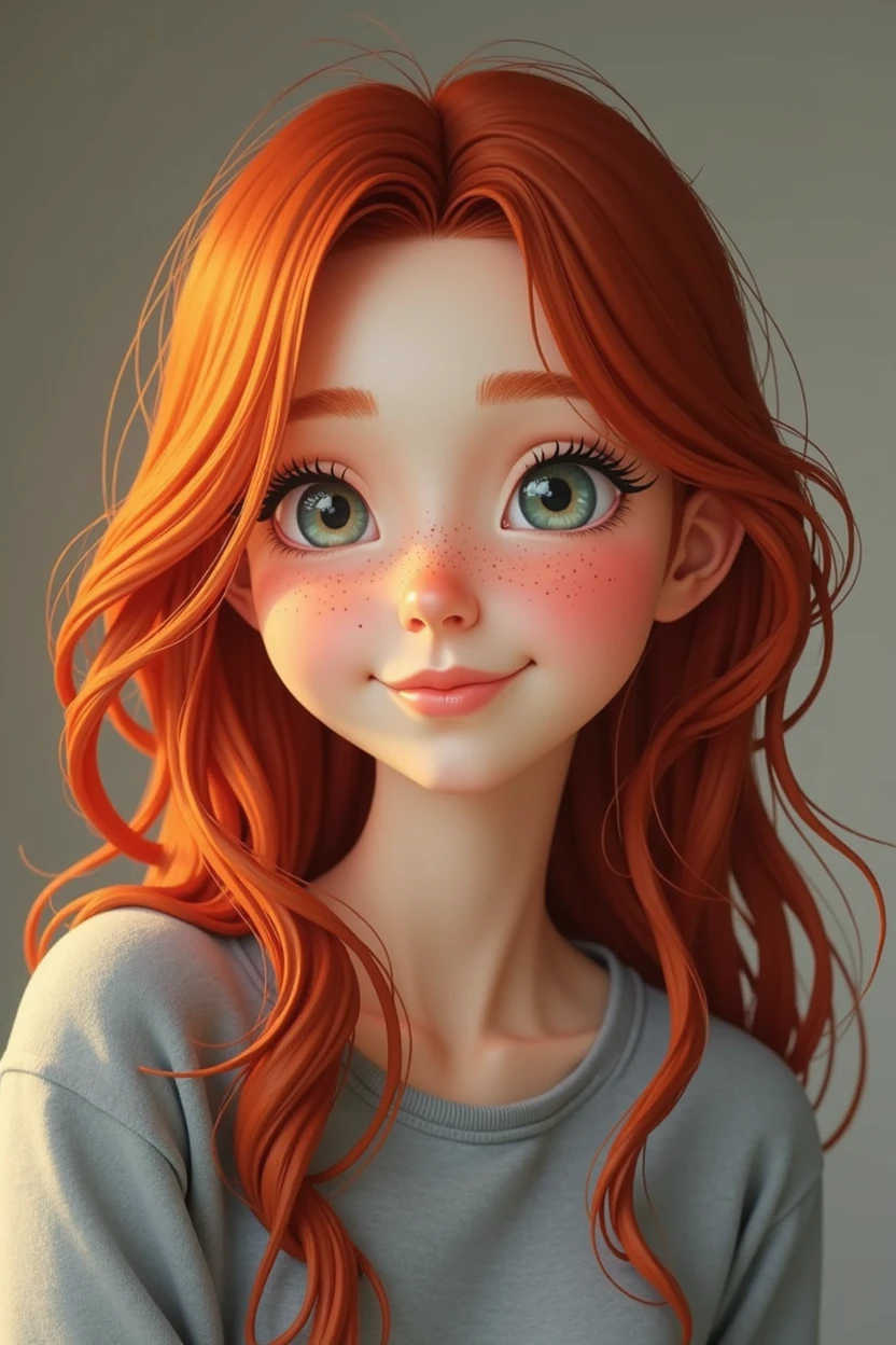 17 year old girl, smiling, friendly, redhead, with freckles, eyes of different colors, one gray and one green, with a gray sweatshirt, with a dreamy and friendly look 