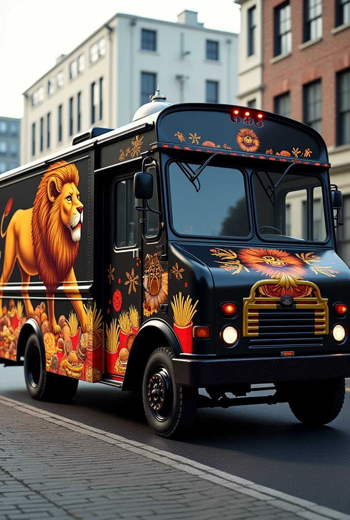 Design a burger truck painted black with a lion in the middle and lots of burgers, fries, and ingredients on the sides.