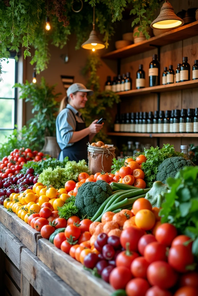 Organic store in small place all type of vegetables natural oil fruits in closed space but in creative way