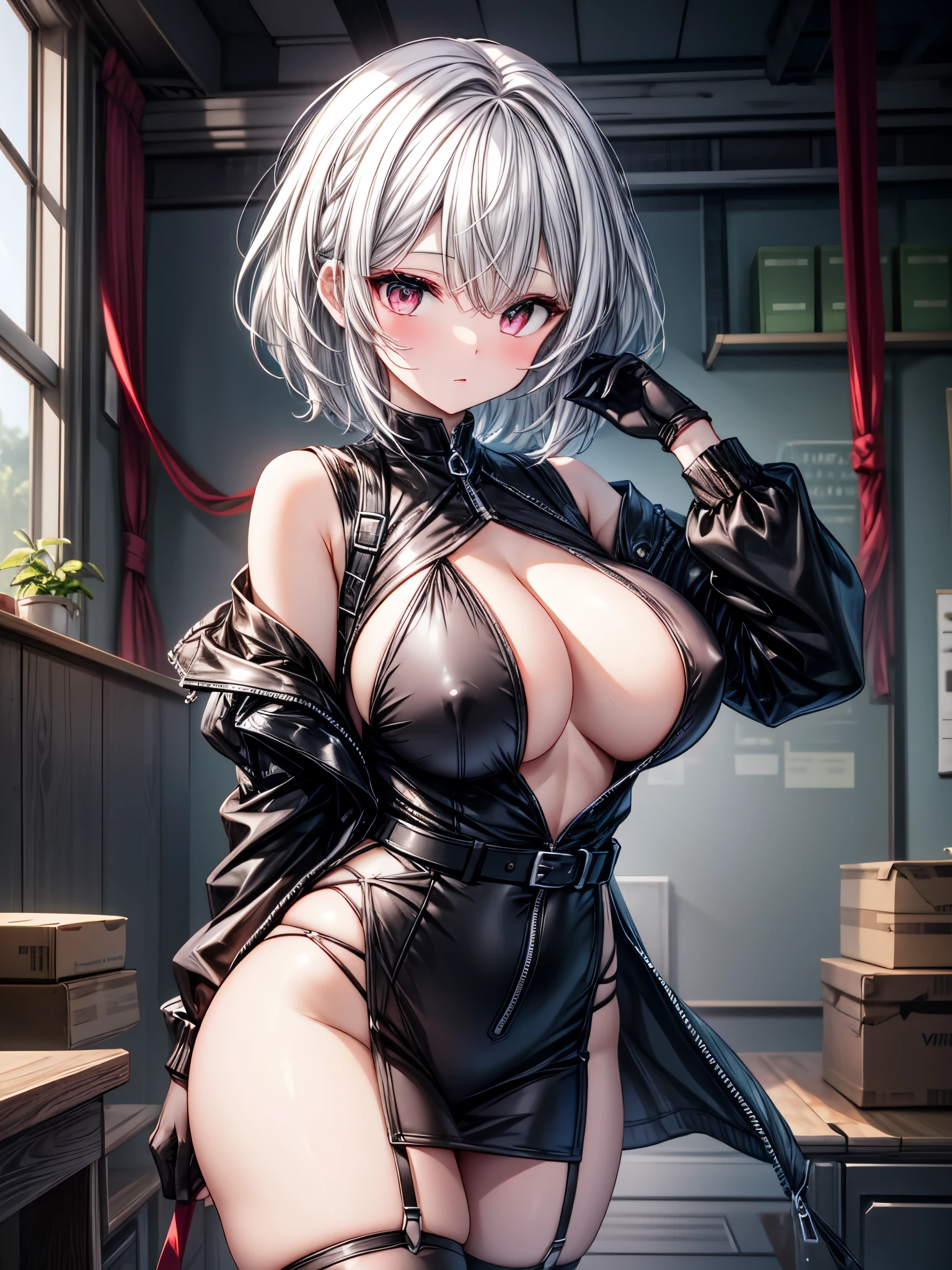 (💦),1girl,oval iris,(a lot of opaque mayonnaise),eyelash,bishojo,eyes,white hair,silver hair,short_hair,thick thighs,(transparent) ,super tight dress,(See-through) thights,many leather belt,embroidery,bangs,red_eyes,blush,huge_breasts,black thin fabric wear,leather gloves,many silver accessories,silver zipper,soaked with